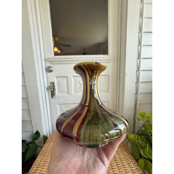 Vintage MCM Brown Green Gold Drip Pottery Fat Belly Vase 7" - Picture 9 of 9